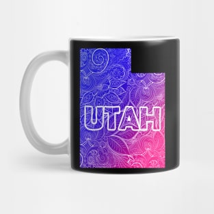 Colorful mandala art map of Utah with text in blue and violet Mug